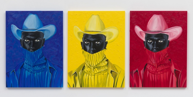 Otis Kwame Kye Quaicoe David Theodore Cowboy, 2019 Oil on canvas Three canvases, each: 40 x 30 in (101.6 x 76.2 cm)