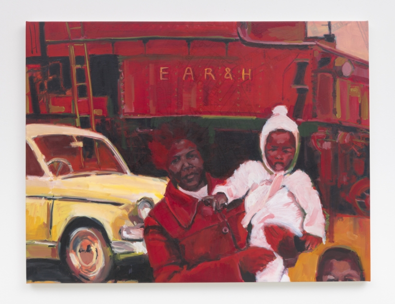 Wangari Mathenge  Locomotives and Loco Motives (EAR&H Corp), 2020  Acrylic, oil and silk screen print on canvas  36.75 x 48 in (93.3 x 121.9 cm)