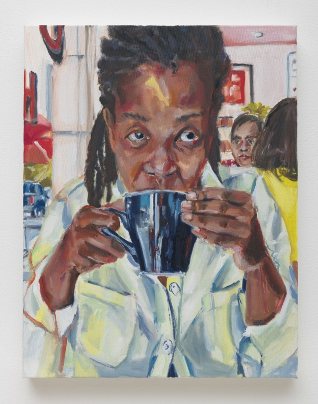 Wangari Mathenge Coffee At Cassell’s, 2019 Oil on canvas 18 x 14 in (45.7 x 35.6 cm)