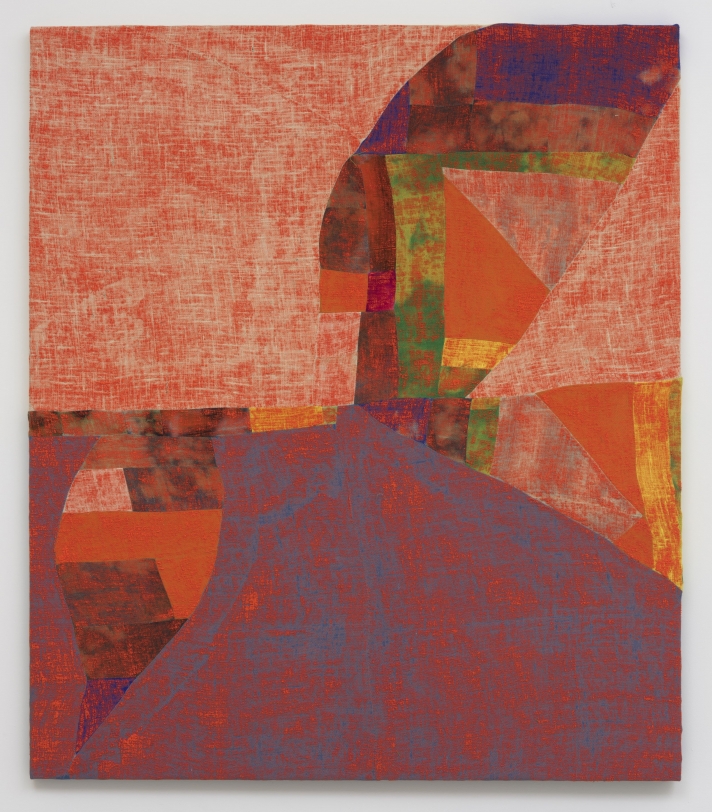 Evan Nesbit Untitled (E.H.R.), 2017 Acrylic, dye, cotton fabric on burlap 79 x 68 in (200.7 x 172.7 cm)