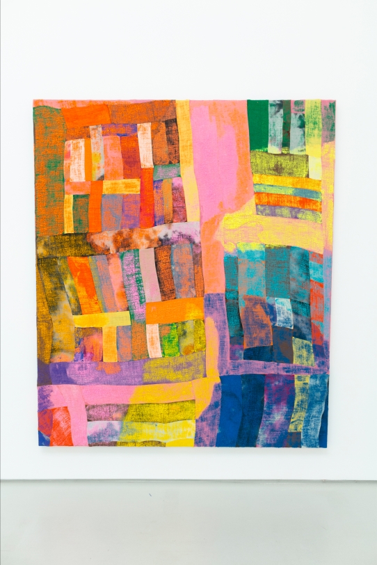 Evan Nesbit Pink Continuance Against Various Super-Units, 2018 Acrylic, dye on burlap 79 x 68 in (200.7 x 172.7 cm)