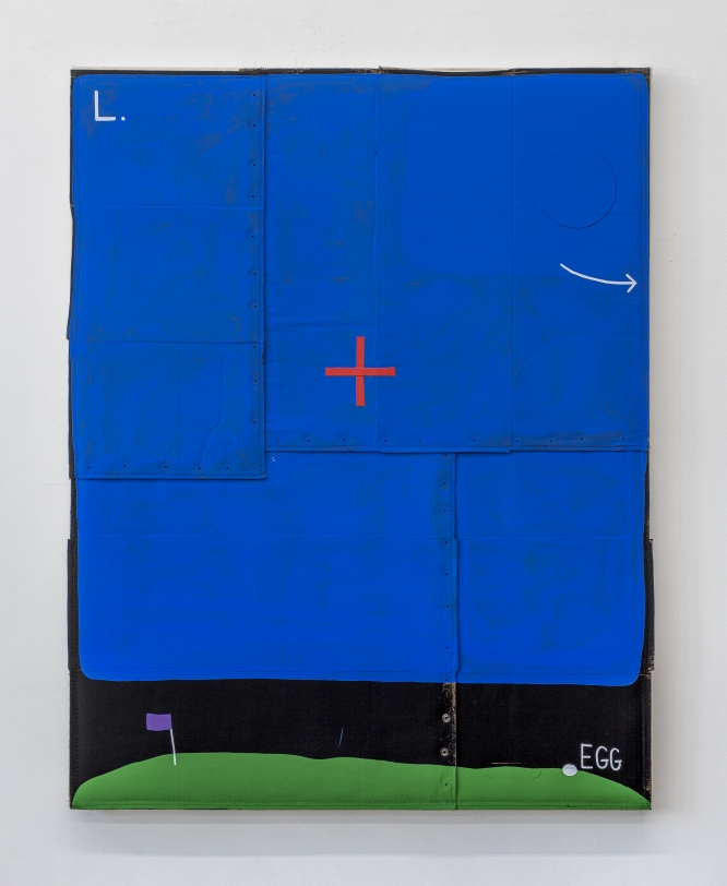 Taylor White  Sky Sight, 2021 Acrylic, Flashe, cardboard, metal snaps sewn onto canvas 84 x 72 in (213.4 x 182.9 cm)