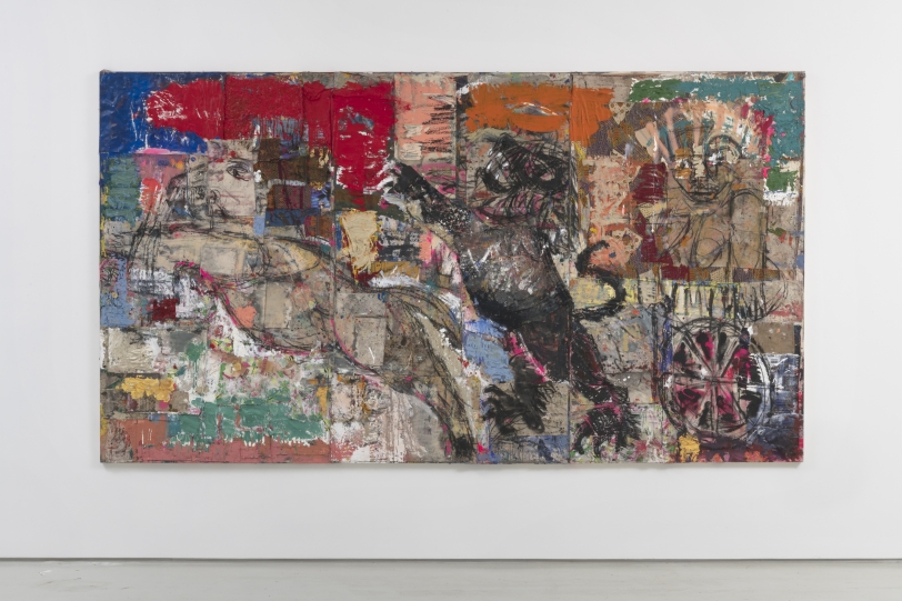 Daniel Crews-Chubb Chariot (red orange green), 2018 Oil, acrylic, spray paint, ink, charcoal, coarse pumice gel, sand, and collaged fabrics on canvas 78.75 x 141.75 in (200 x 360 cm)