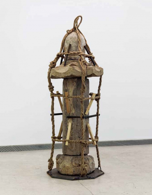 Zhao Zhao Uncertainty, 2014 Stupa (Ming, Qing dynasty), stone, wood, steel, rope, re-bar 84.25 x 28.74 x 28.74 in (214 x 73 × 73 cm)