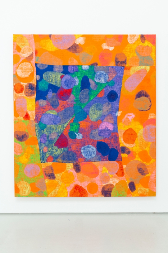 Evan Nesbit What the Sun Said Inside A Cardboard Box, 2018 Acrylic, dye on burlap 79 x 68 in (200.7 x 172.7 cm)