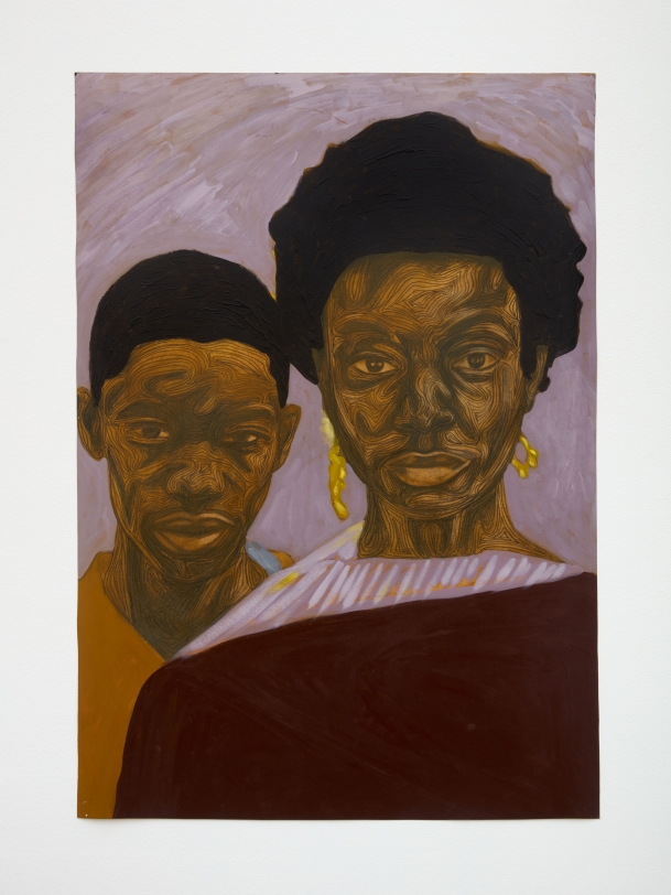 Collins Obijiaku Aunt Vivian and Coach, 2022 Oil and charcoal on paper 39.37 x 27.56 in (100 x 70 cm) unframed 45.75 x 33.25 x 1.25 in (116.2 x 84.5 x 3.2 cm) framed