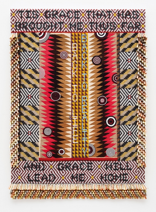 Jeffrey Gibson AMAZING GRACE, 2017 Glass beads, artificial sinew, trading post weaving, steel studs, copper and tin jingles, acrylic felt, canvas, wood 76 x 54 in (193.0 x 137.2 cm)