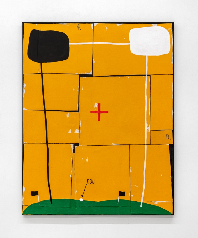 Taylor White  New Egg, Sunshine, 2021  Acrylic and Flashe on canvas collage  46 x 36 x 1.5 in (116.8 x 91.4 x 3.8 cm)