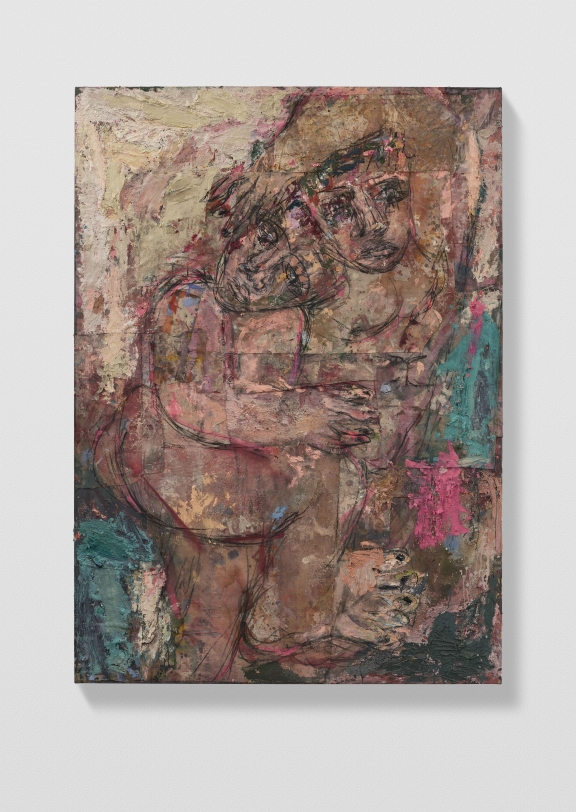 Daniel Crews-Chubb Couples 4 (cream, Veronese green and fuchsia), 2021 Oil, acrylic, pastel, ink, charcoal, spray paint and collaged fabrics on canvas