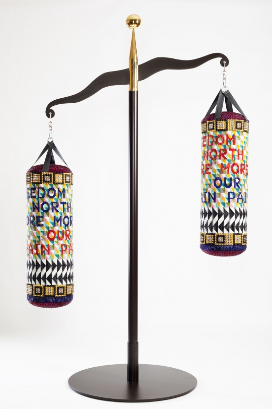 Jeffrey Gibson OUR FREEDOM IS WORTH MORE THAN OUR PAIN, 2017 Glass beads, artificial sinew, acrylic felt, steel and brass 114 x 71 x 42 in (289.6 x 180.3 x 106.7 cm)