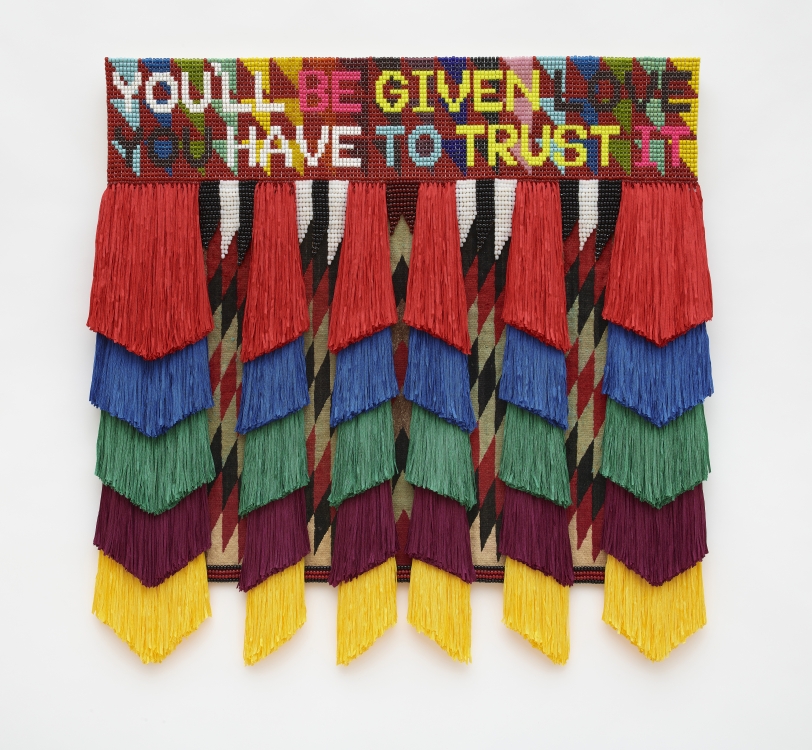 Jeffrey Gibson YOU'LL BE GIVEN LOVE, 2020 Repurposed trading post weaving, acrylic felt, nylon thread, artificial sinew, glass beads, plastic beads, nylon fringe, cotton canvas 47 x 48 x 3 in (119.4 x 121.9 x 7.6 cm)