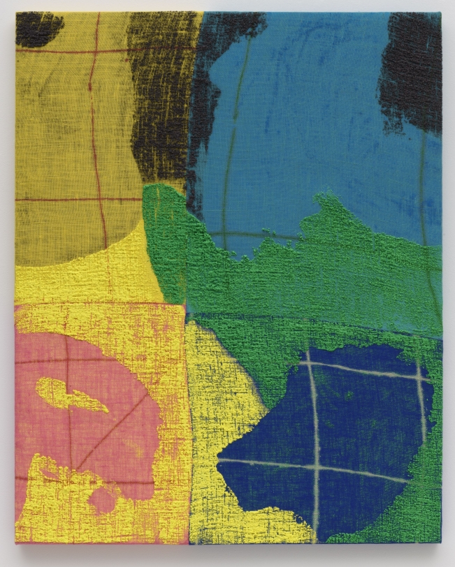 Evan Nesbit  Attachment Measures, 2020  Acrylic, ink, dye and burlap  50.125 x 40 in ( 127.3 x 101.6 cm)