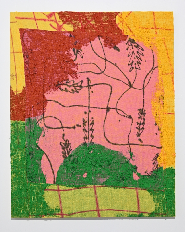 Evan Nesbit  Peace Frog, 2020  Acrylic, ink, dye and burlap  60 x 48 in (152.4 x 121.9 cm)