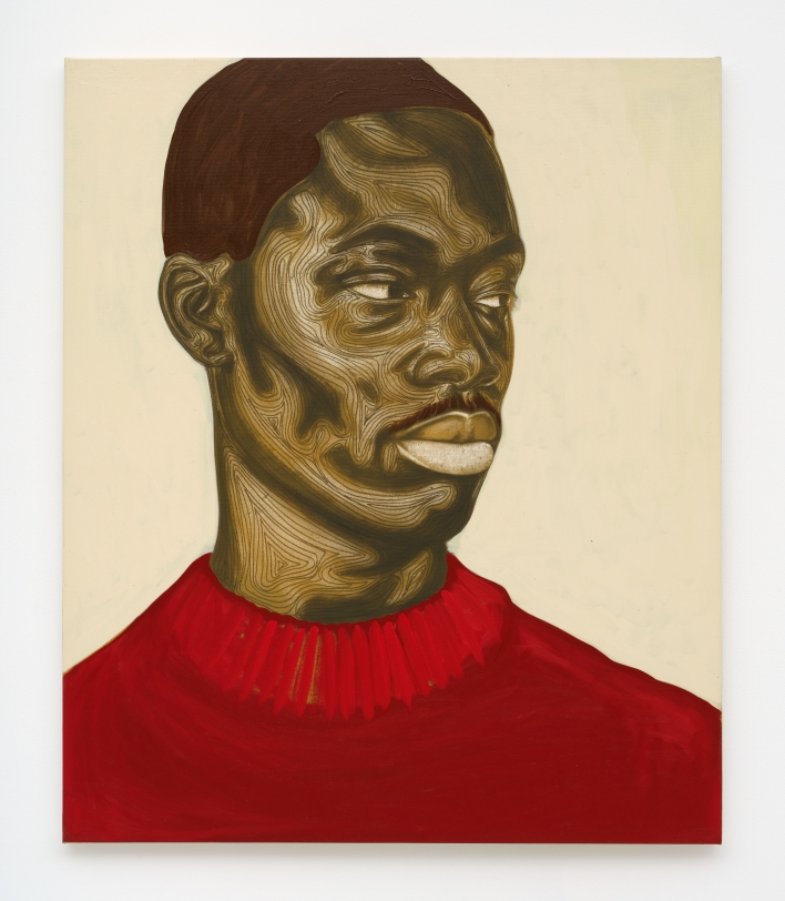 Collins Obijiaku Red Head, 2021 Oil and charcoal on canvas 47 x 39.5 in (119.4 x 100.3 cm)