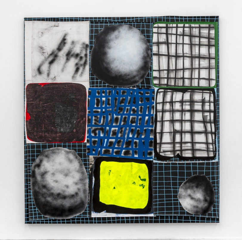 Taylor White  Look at These Space Rocks OMG, 2021  Acrylic, charcoal, spray paint, marker and sewing on canvas  76 x 72 x 1.5 in (193 x 182.9 x 3.8 cm)