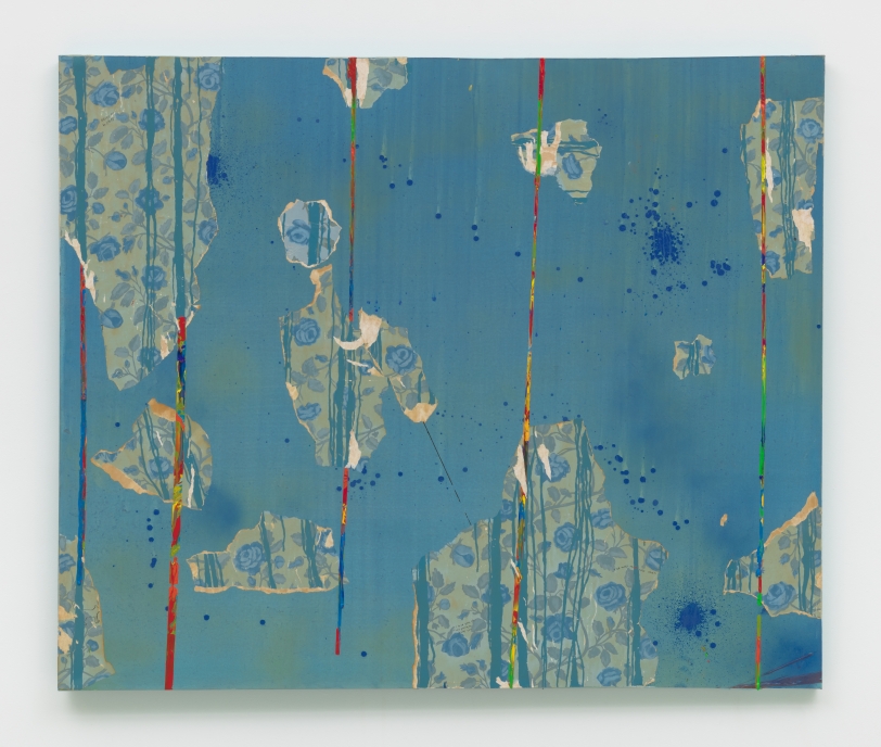 Brenna Youngblood  Out the Blue, 2021  Mixed media on canvas with archival handmade wallpaper with original drawings by Kristin Calabrese  60 x 72 in (152.4 x 182.9 cm)